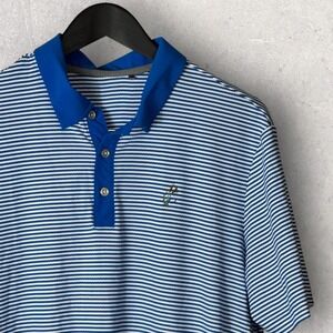 Adidas Polo Golf Shirt Men's Blue White Striped HeatRdy Moisture Wicking Stretch